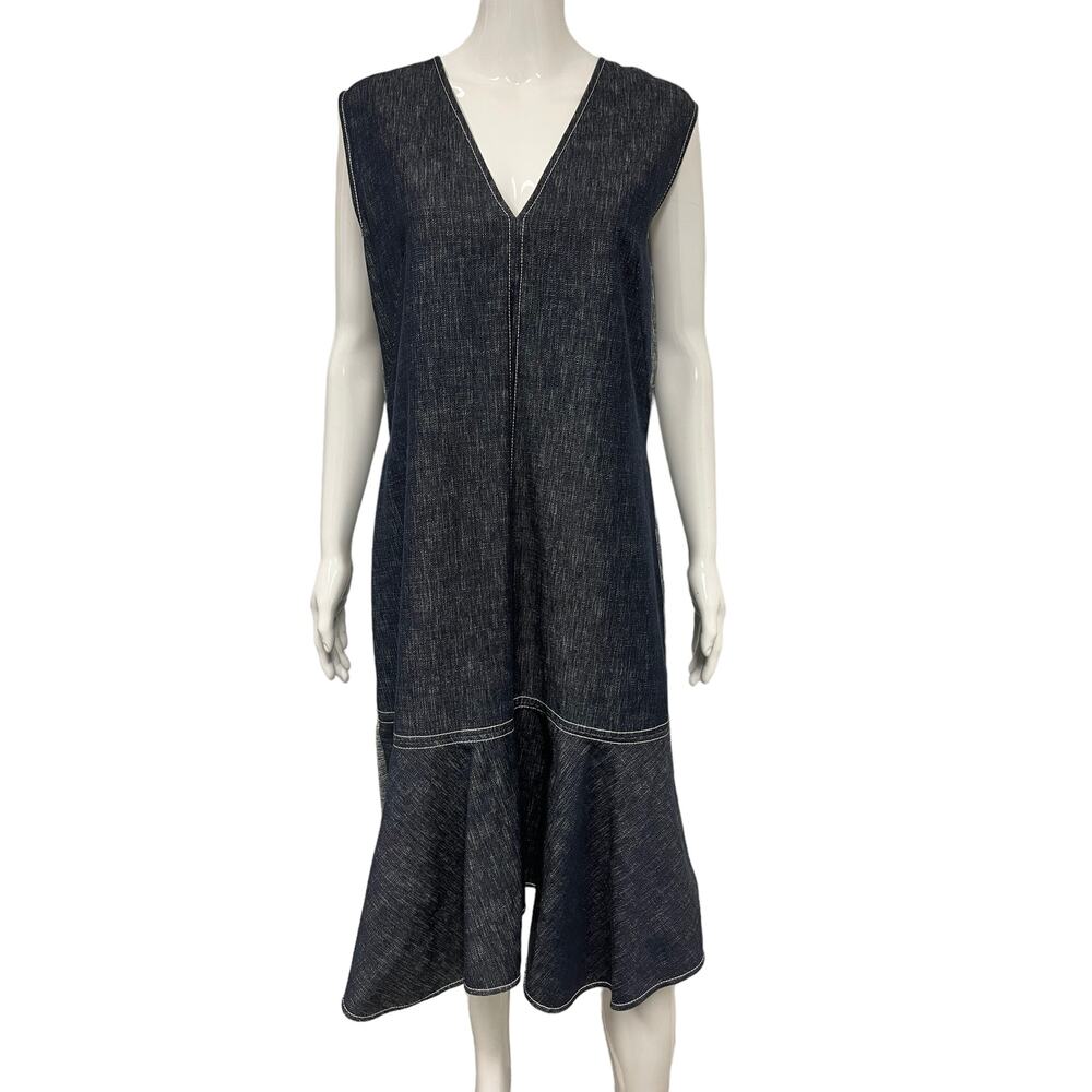 DEREK LAM Denim V-Neck Sleeveless Pleated Drop Waist A-Line Midi Dress Size 14